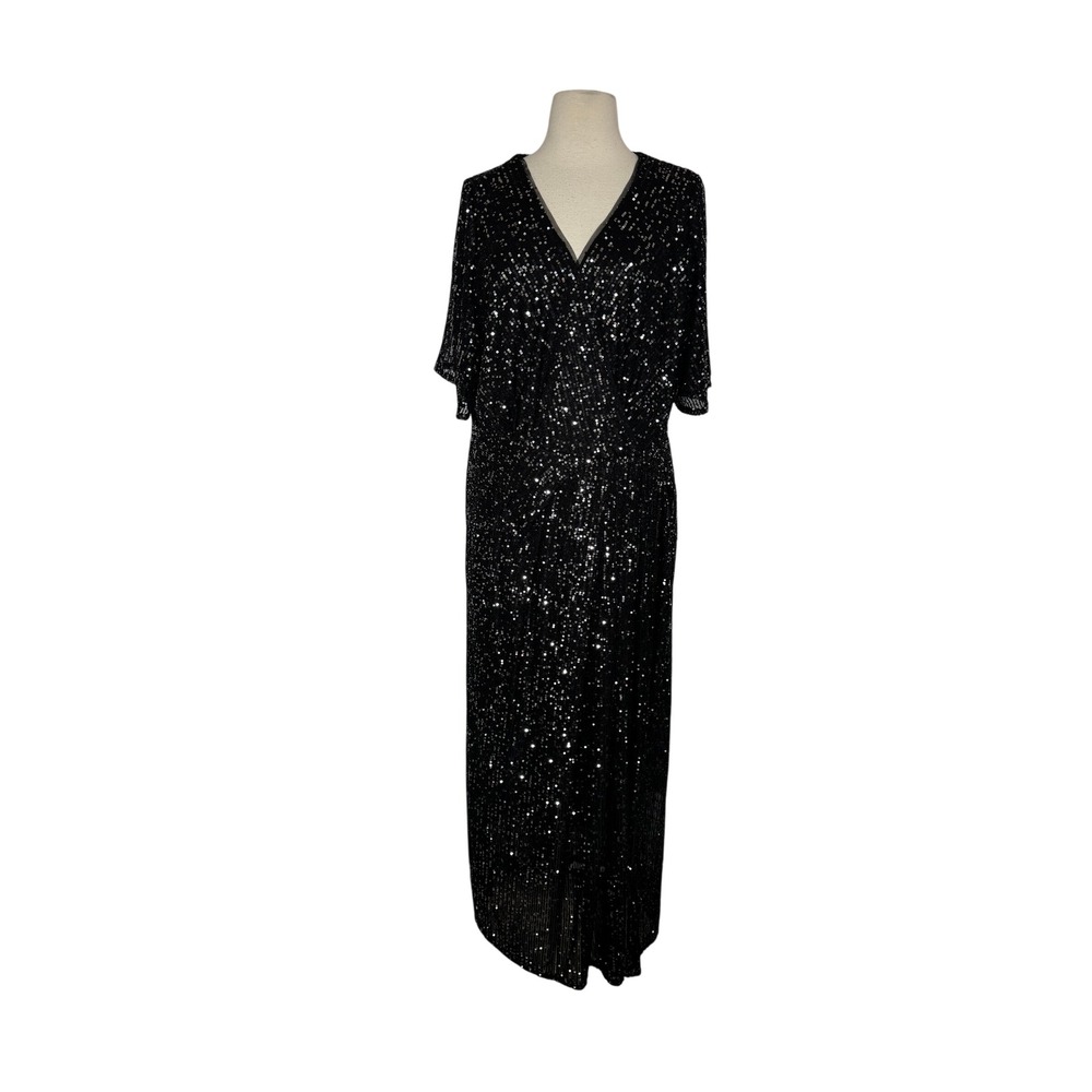 Ignite Evenings Black Sequin Wrap Maxi Dress V-Neck Flutter Sleeve Gown Slit 16W